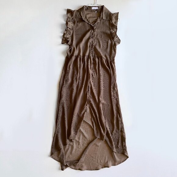 Echo Rose Brown Sheer Button Down Ruffle Sleeve Long Tunic Dress Cover-Up Size S - Picture 1 of 7